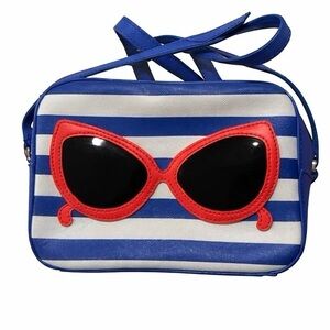 Kate Spade Blue and White Striped Crossbody Bag with Red Accents